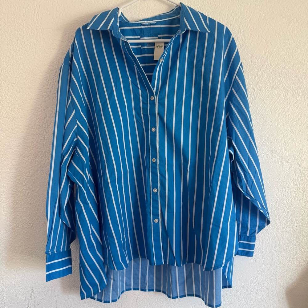 Aerie Good Day Button Down Shirt Size Large Blue White Striped Oversized Beach